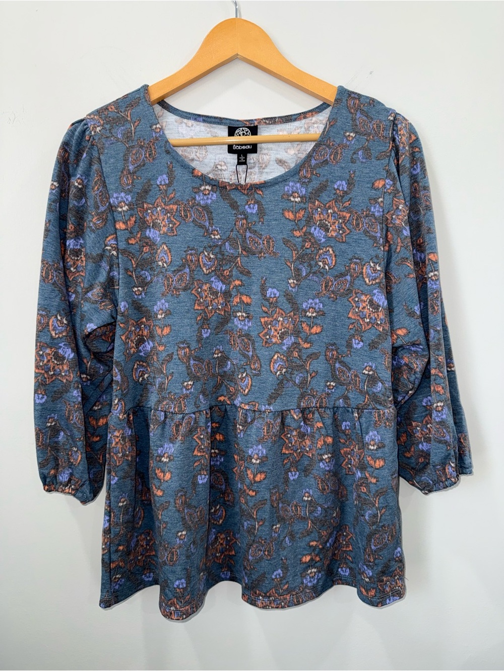 Bobeau Blue Floral Peplum Top with Rust and Lavender Accents Women’s Large NWT !